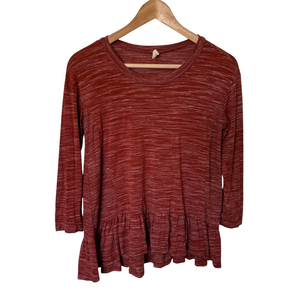 Lazy Sundays Peplum Top Women Small Rust Red Excellent 3/4 Sleeve Ruffle Hem